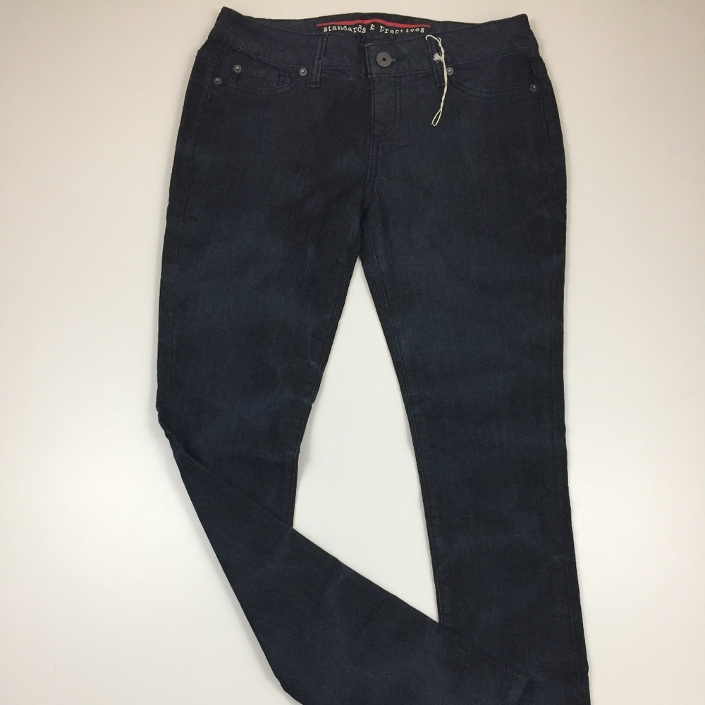 NWOT Standards & Practices Dark Wash Bleach Logo Hardware Jeans